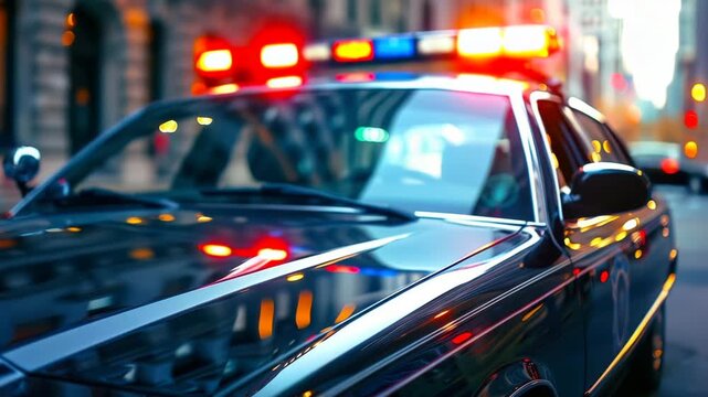 police cruiser with flashing rooftop lights, glossy hood reflecting city bokeh, blue and red beacons pulsing, implied officer presence inside, siren alert, high tension traffic stop scene