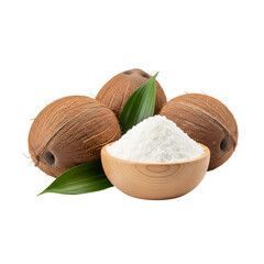 Whole Coconuts with Shredded Coconut in a Bowl and Leaves