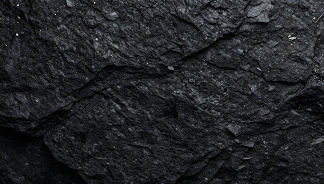 Close up of dark grey rock texture reveals rough surface with small white spots