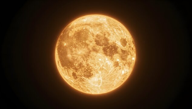 Orange moon glows brightly against a stark black backdrop in stock illustration