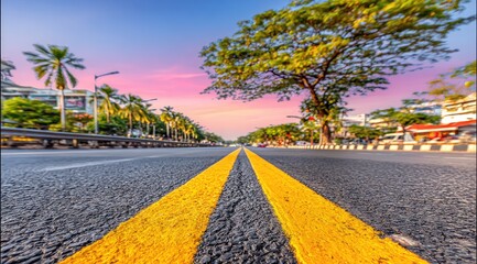 Vibrant Highway at Sunset with Palm Trees and Lush Greenery.