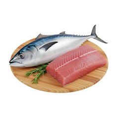 Fresh Tuna Fish and Fillet on Wooden Cutting Board