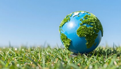 Earth globe with green grass continents sits on a grassy field under a bright blue sky