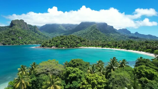 Tropical Beach with Palm Trees and Mountains.