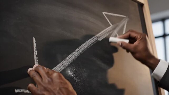 A person in a suit draws a graph on a chalkboard with chalk, discussing business