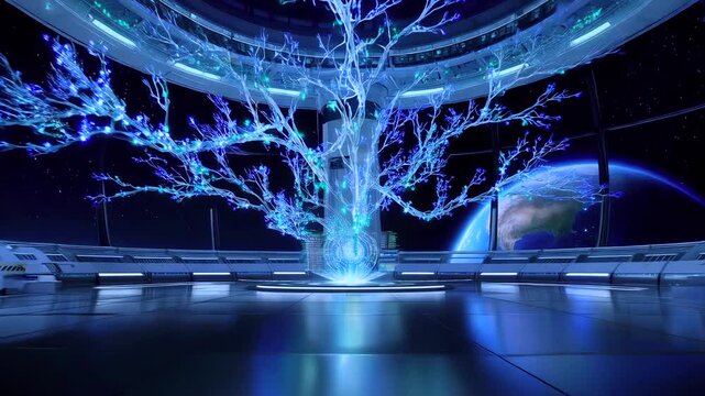 Holographic blue tree inside observatory dome, glowing branching nodes extend over reflective floor, data streams cascade into circular platform, planets visible through panoramic windows,