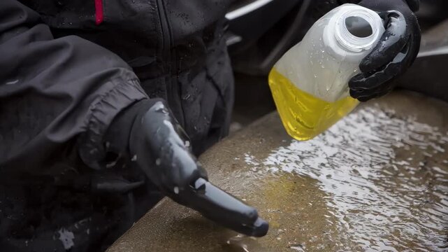 Technician carefully drains old ATF fluid from a vehicles transmission to prepare for fresh fluid replacement and prevent gear slipping