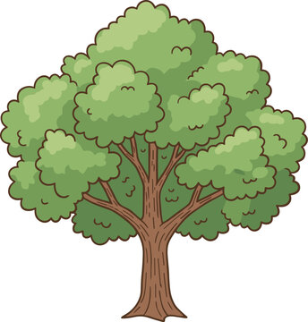 Single hand-drawn deciduous tree with lush green canopy and textured trunk in sketch vector style