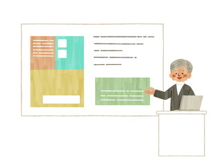 スクリーンやホワイトボードを使って説明をする男性-ガッシュ