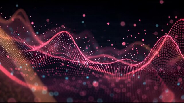 Vibrant pink and orange particles form wavy lines against a dark background.