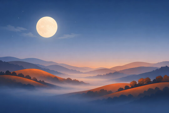 Peaceful cinematic landscape of rolling hills under a full moon with soft mist and blue hour light, nature serenity concept