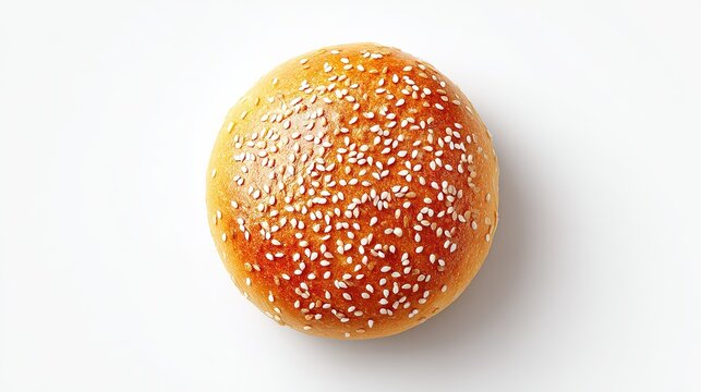 A fresh golden brown hamburger bun topped with white sesame seeds seen from a top down perspective
