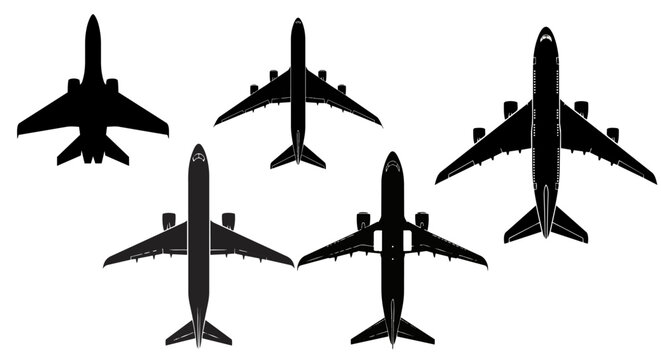 Airplane top view silhouette icon set