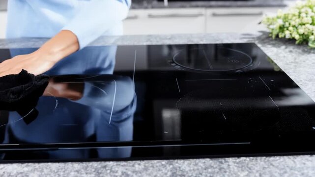 Medium view of a technician carefully fitting a new induction stove element highlighting precision and modern kitchen appliance repair