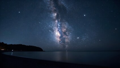 Majestic milky way illuminates the tranquil shoreline on a clear night