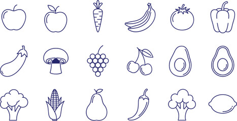 Healthy fresh fruits and vegetables line art icons isolated on transparent background food illustration © Emongrapic