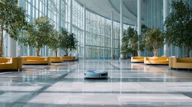 Medium shot capturing the robotic cleaner as it methodically covers a large conference center lobby highlighting its advanced sensors and adaptive movement