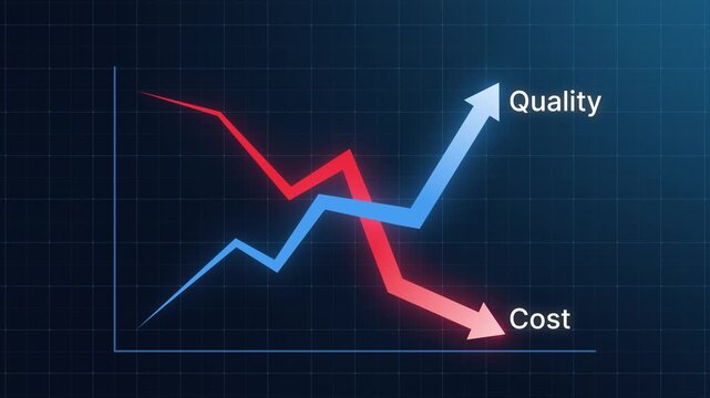 Glowing business chart illustrating rising quality and falling cost with a blue upward arrow and red downward arrow. Symbolizing efficiency, business strategy, performance optimization and management 
