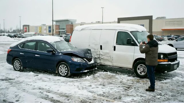 Man documenting car crash accident aftermath with smartphone in snowy parking lot, showing damaged vehicles and winter driving conditions.
