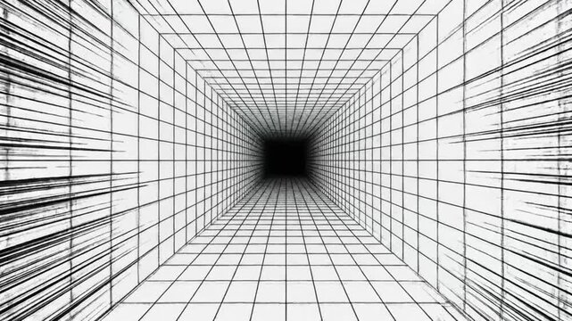Abstract grid tunnel perspective, infinite digital corridor, dark void at the end, futuristic motion background