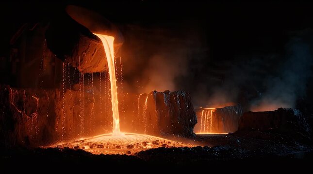 Liquid Molten Orange Metal Pouring into Foundry Mold Video.