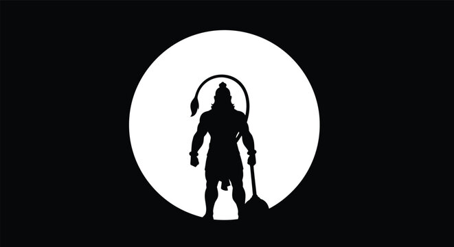 Vector illustration of Hanuman standing heroically with a mace against a full moon in a minimalist monochrome style