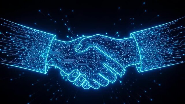 Digital Handshake In Dark Space With Glowing Blue Circuits Data Transfer Abstract Connection Lines In The Background For Business Tech Innovation Illustrations