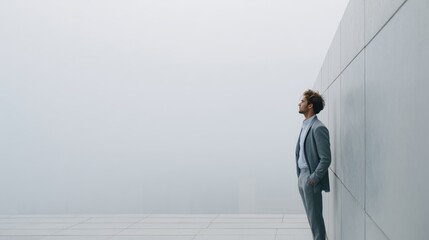 Thoughtful young businessman in a grey suit standing against a modern wall in foggy weather.