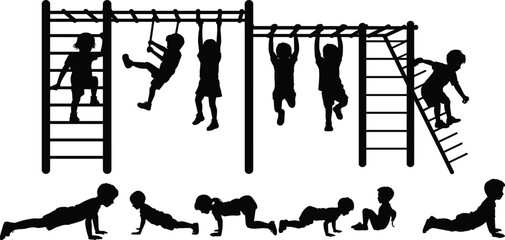 Children playground fitness silhouettes, kids climbing monkey bars and ladders, hanging and floor exercises, outdoor physical training for healthy active childhood vector illustration © SreeRupali
