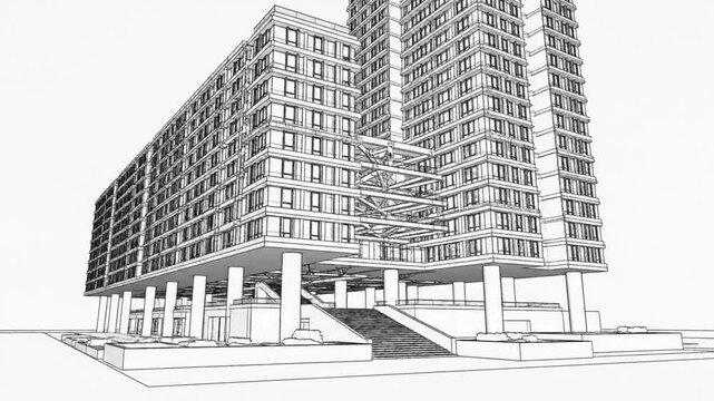 Architectural Wireframe Sketch of a Modern High-Rise Apartment Building