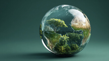 Fototapeta premium A mesmerizing crystal ball showcasing a serene earth landscape. The interior reveals a vibrant scene of a tree in a lush environment