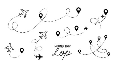 Airplane travel route clipart set vector plane pathways dotted lines isolated on transparent background