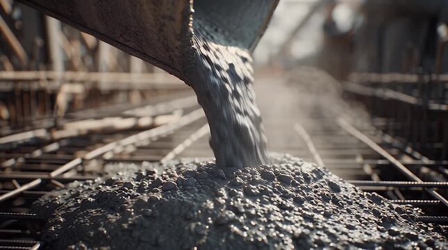 Close Up Wet Concrete Pouring into Steel Rebar Foundation Video.