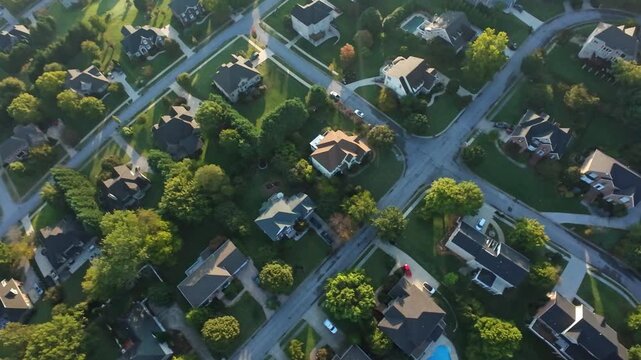 Johnson City, USA, Tennessee Aerial Suburban Neighborhood Johnson City Tennessee, Drone Sweeping Over TreeLined Streets During Golden Hour, Realtor Perspective Highlighting Rooftops