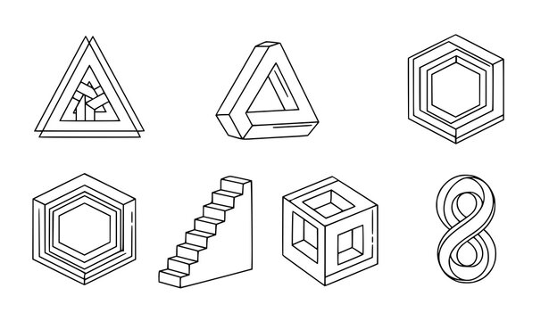 Impossible shapes outline set vector optical illusion geometric objects isolated on transparent background