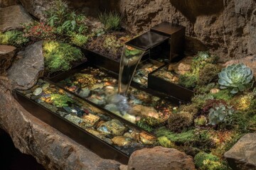 Contemporary metal fountain cascades into clear pools surrounded by moss, stones, and succulents, creating a tranquil zen corner ideal for spa, landscape, and wellness concepts.