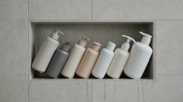Medium view of a tiled shower niche filled with neatly arranged shampoo and conditioner bottles subtle water droplets on smooth tiles in focus creating a refreshing and hygienic