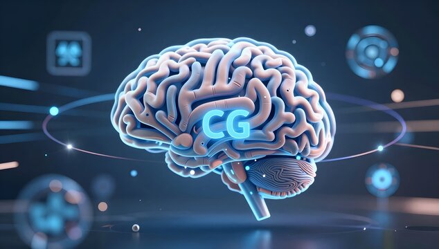 Stylized brain with 'CG' inside shown against a dark blue digital technological background