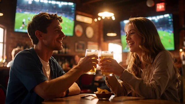 スポーツバーでサッカーの勝利を祝う白人男女二人の乾杯シーン。
背景には試合を映すテレビ画面、テーブルにはビールグラス。
暖色照明が反射するグラスと木目テーブル、レンガ壁の店内空間。