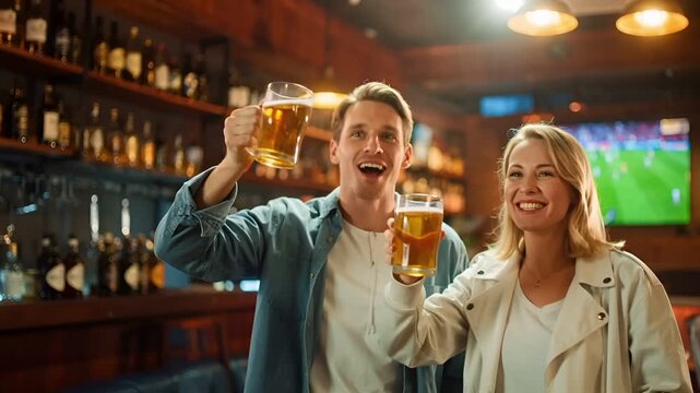 スポーツバーでサッカーの勝利を祝う白人男女二人の乾杯シーン。
背景には試合を映すテレビ画面、テーブルにはビールグラス。
暖色照明が反射するグラスと木目テーブル、レンガ壁の店内空間。