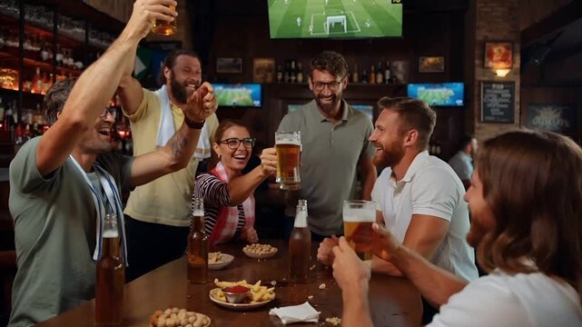 スポーツバーの店内でサッカーの勝利を祝う友人グループ。
大型テレビに映る試合を背景に、ビールで乾杯し歓喜する瞬間。
暖色照明と木目テーブル、レンガ壁が生む温かい空間。