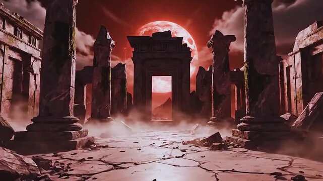 Dark Fantasy Game Environment with Ancient Ruined Stone Temple Under Red Moonlight