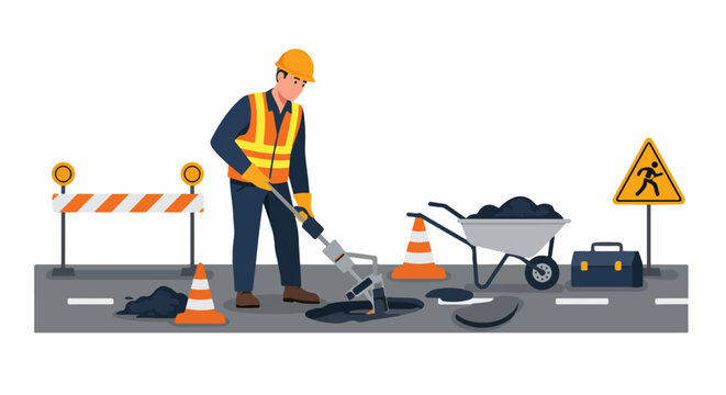 Utility worker accessing a sewer manhole cover during road maintenance, surrounded by construction safety barriers and cones.