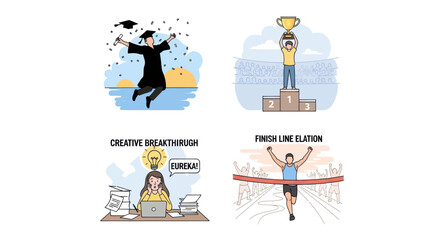 Achievement concept set with graduation, winning trophy, creative breakthrough eureka moment, and finish line elation for success and motivation