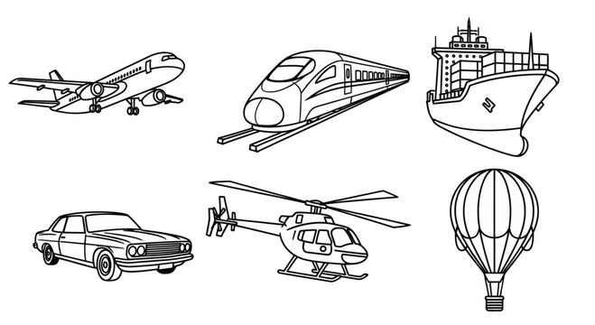 Black and white line art illustration of different transportation types including airplane, train, ship, car, helicopter, and hot air balloon, ideal for educational and design projects