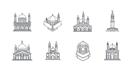 Obraz premium Set of eight minimalist mosque icons with domes and minarets, line art style for Islamic and religious design projects
