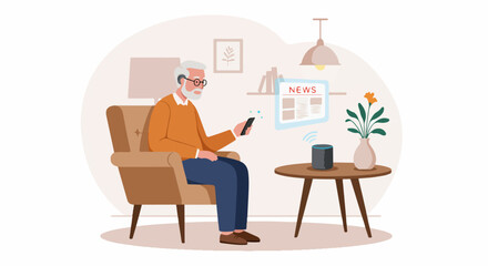 Fototapeta premium Elderly man uses a smart speaker and smartphone application to access news and information while relaxing in his armchair.