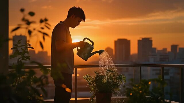 statue of liberty,A young man watering potted plants on his apartment balcony during a golden hour sunset, featuring a serene urban gardening scene with warm, cinematic lighting and a city skyline sil