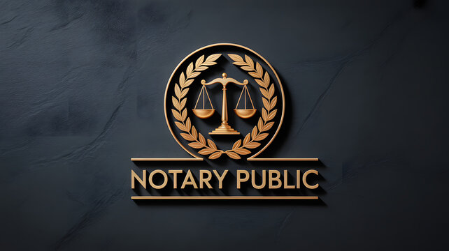 Golden notary public logo with scales of justice on dark background symbolizing law and balance in professional services