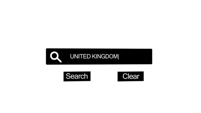 Search bar interface displaying the text UNITEDKINGDOM with a magnifying glass and search and clear buttons on a white background